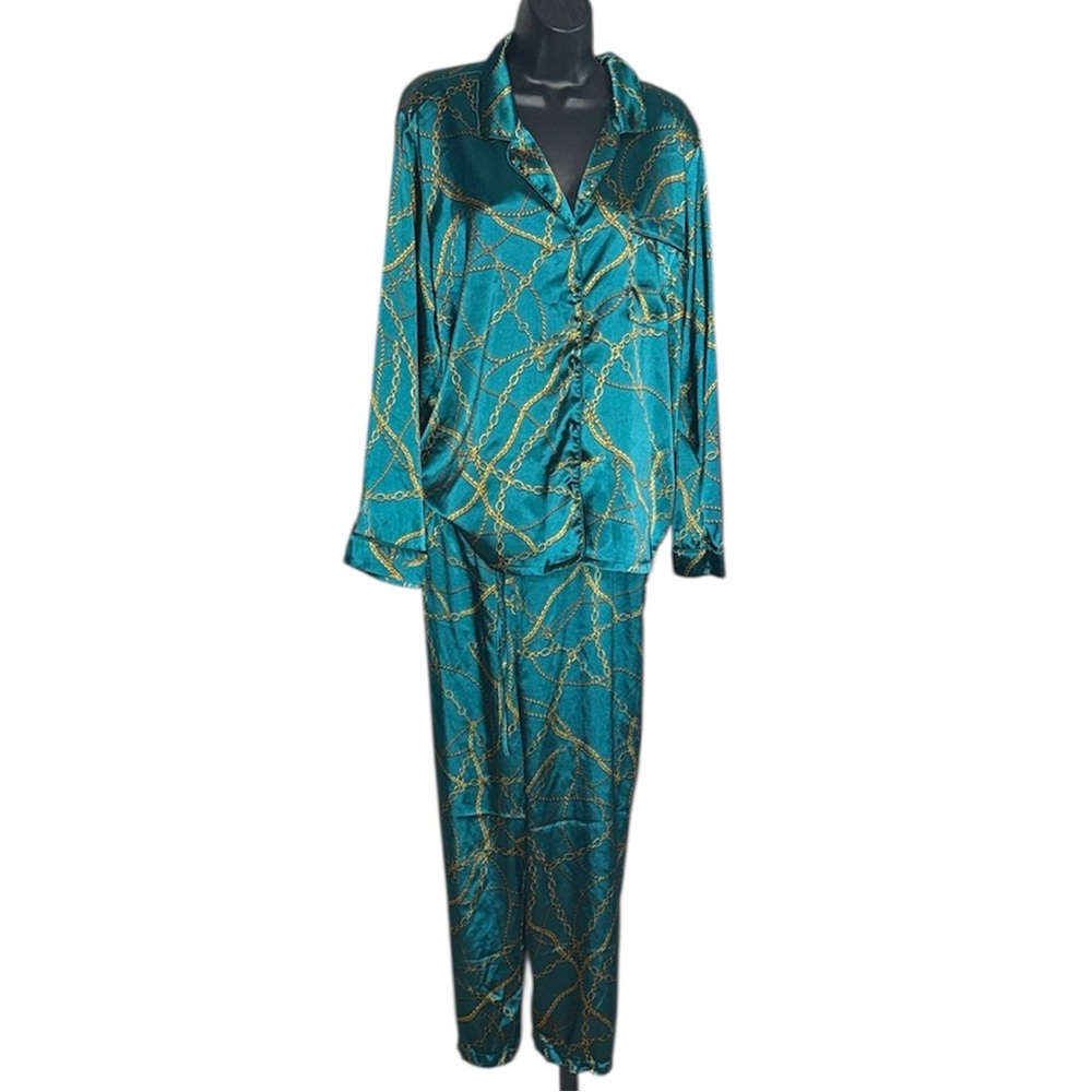 INC XL Two Piece Satin Pajama Set Green Chain Link Print